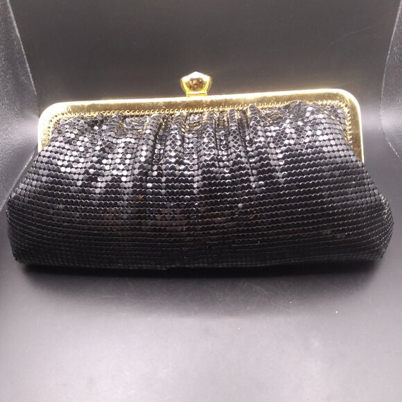 Vintage Whiting & Davis Black Mesh Metal Evening Bag Purse Rhinestone kiss lock - Picture 1 of 7